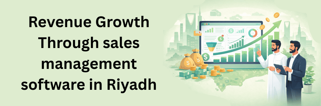 Business professionals analyzing revenue growth charts using sales management software in Riyadh with financial analytics and performance dashboards