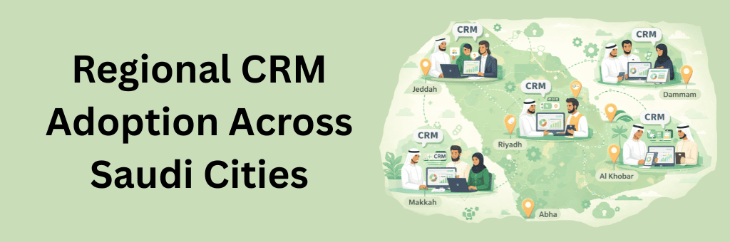 Digital CRM adoption across Saudi cities including Riyadh, Jeddah, Dammam, Makkah, Al Khobar, and Abha connected through cloud-based customer management systems