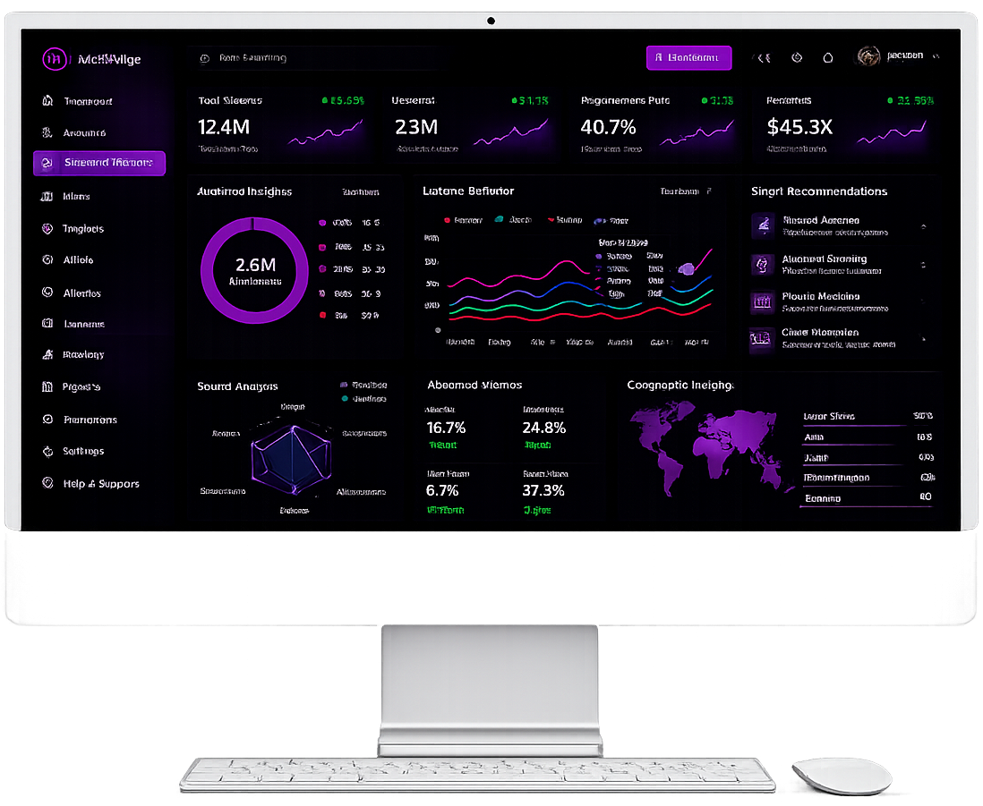 Advanced analytics dashboard UI with business intelligence features, audience insights, performance tracking, interactive charts, user analytics, and real-time reporting tools for enterprise web applications and SaaS platforms.