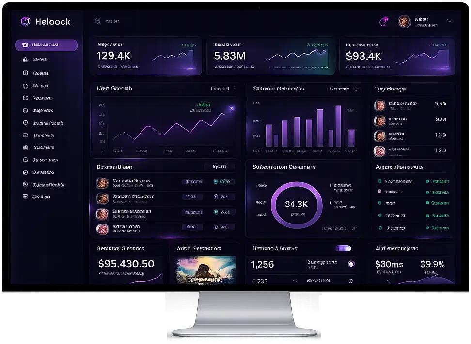Advanced admin panel dashboard UI design with real-time analytics, revenue tracking, user management, performance monitoring, data visualization charts, and business intelligence features for web and SaaS applications.