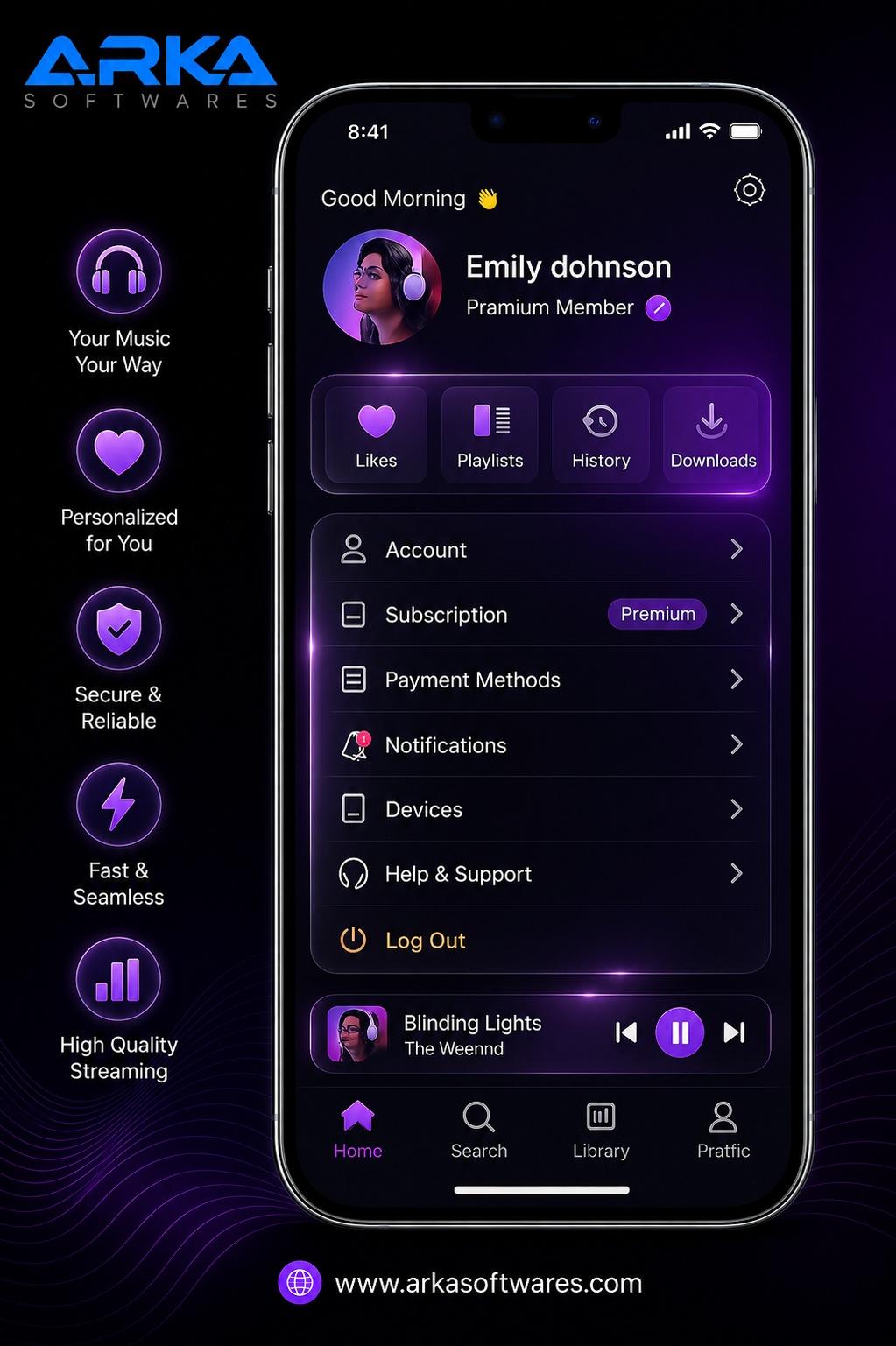 Custom music streaming app developed by ARKA Softwares featuring premium user profile management, playlist controls, subscription dashboard, secure payment integration, high-quality audio streaming, and modern mobile app UI design.